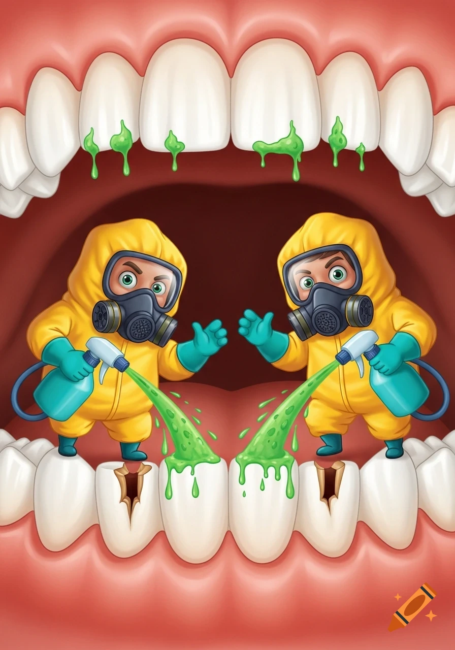 Two cartoon figures in yellow hazmat suits spray green liquid onto teeth with cavities inside a mouth illustration.