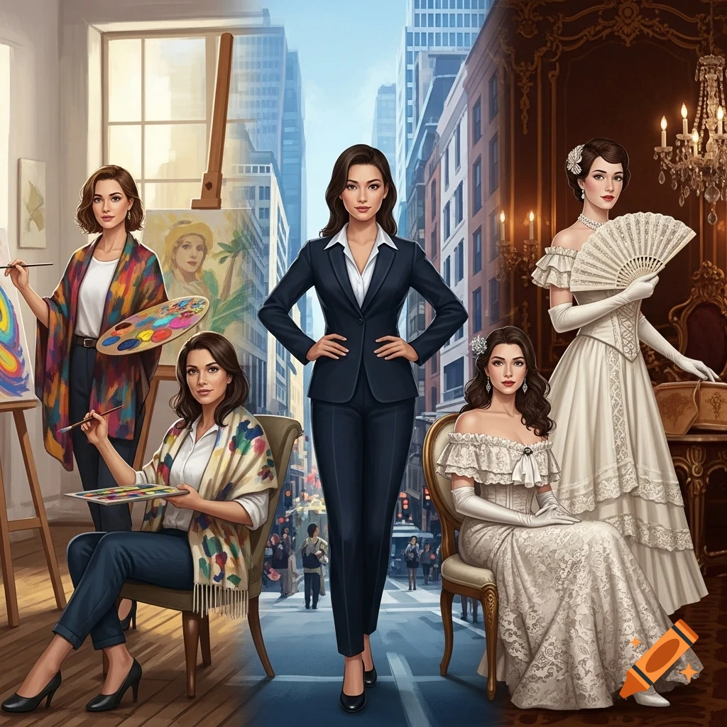 A collage of diverse women: an artist, a businesswoman, and two women in elegant historical gowns, set against different backgrounds.