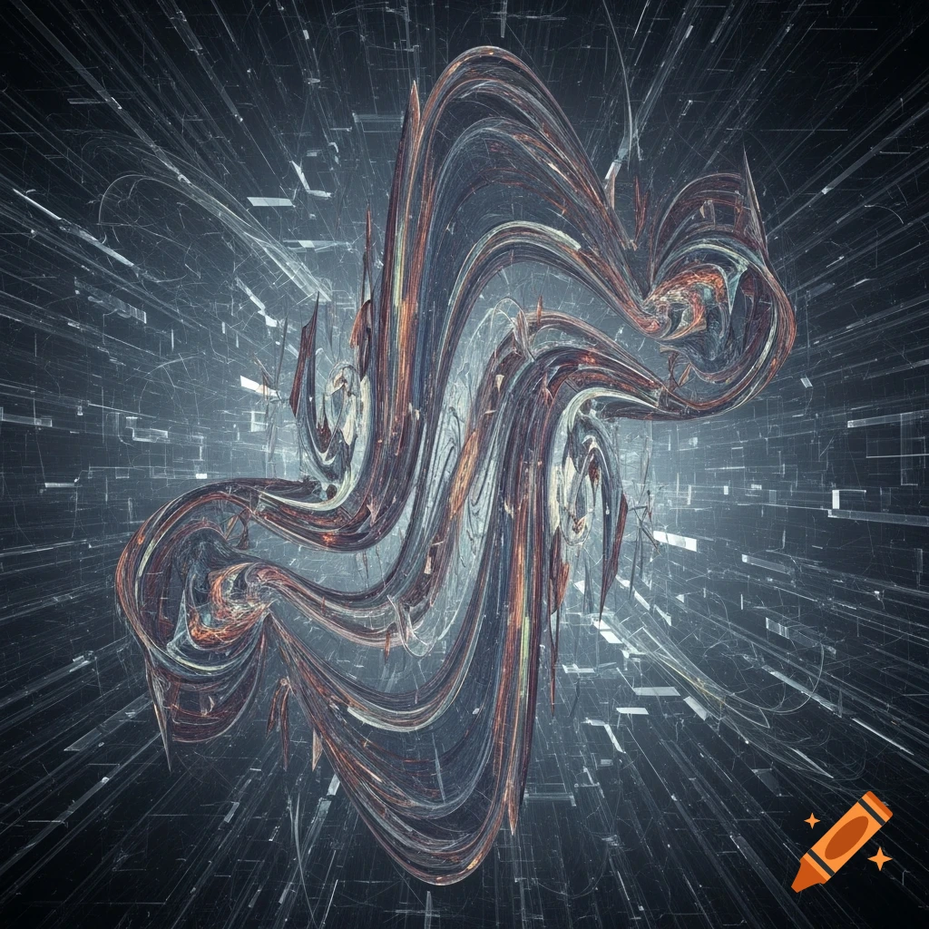 A complex, swirling abstract form composed of fine metallic lines in blues, browns, and oranges, against a dark, radiating grid background.