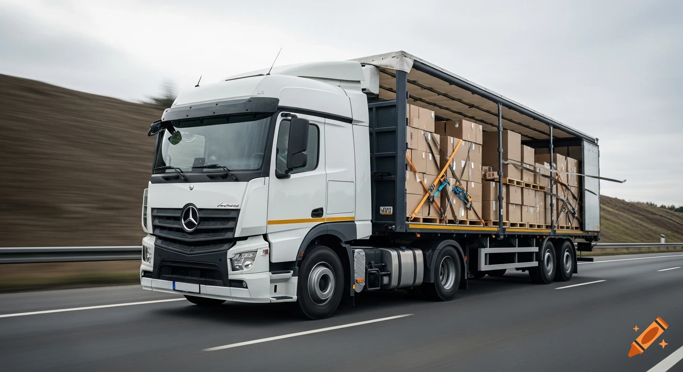 A white Mercedes-Benz truck with an open trailer loaded with cardboard boxes and loose straps, driving on a highway.