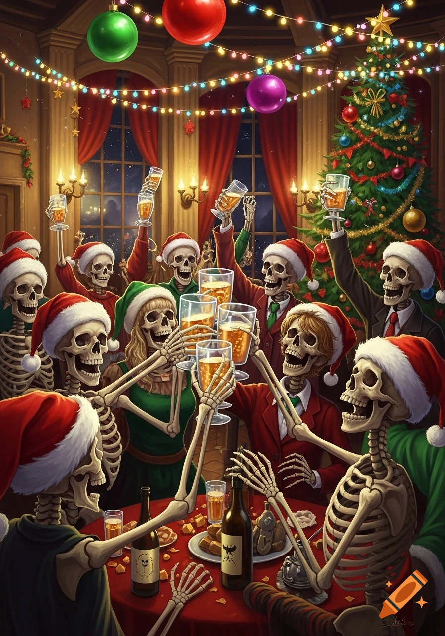 A group of cheerful skeletons wearing Santa hats celebrating at a lively Christmas party, raising glasses of drinks in a festive, illustrated scene.
