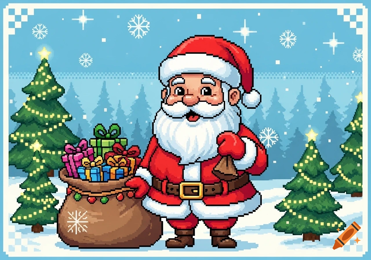 A pixel art illustration of Santa Claus holding a bag full of gifts in a snowy forest with Christmas trees.
