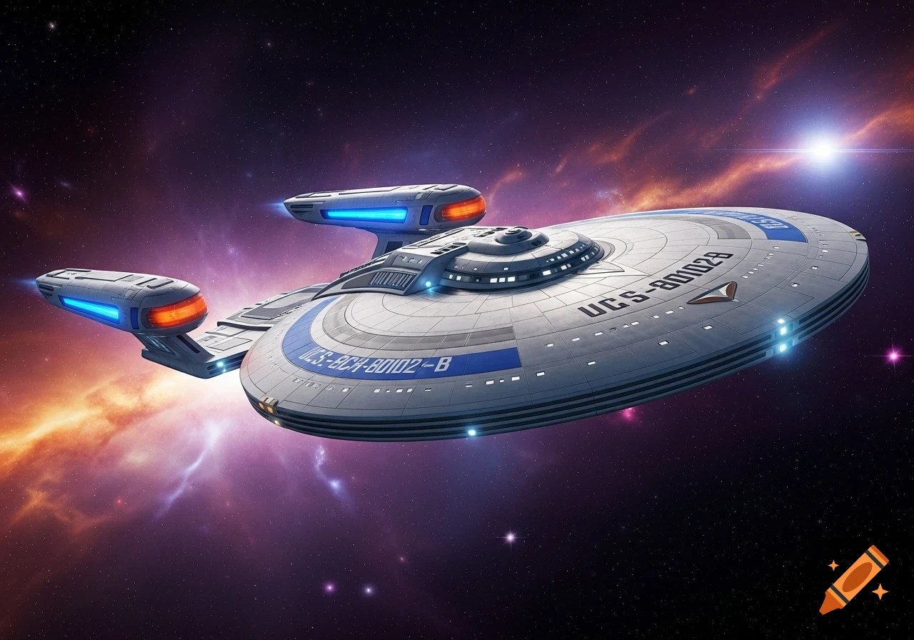 A detailed white and blue spaceship with glowing nacelles flies through a colorful nebula and starry deep space.