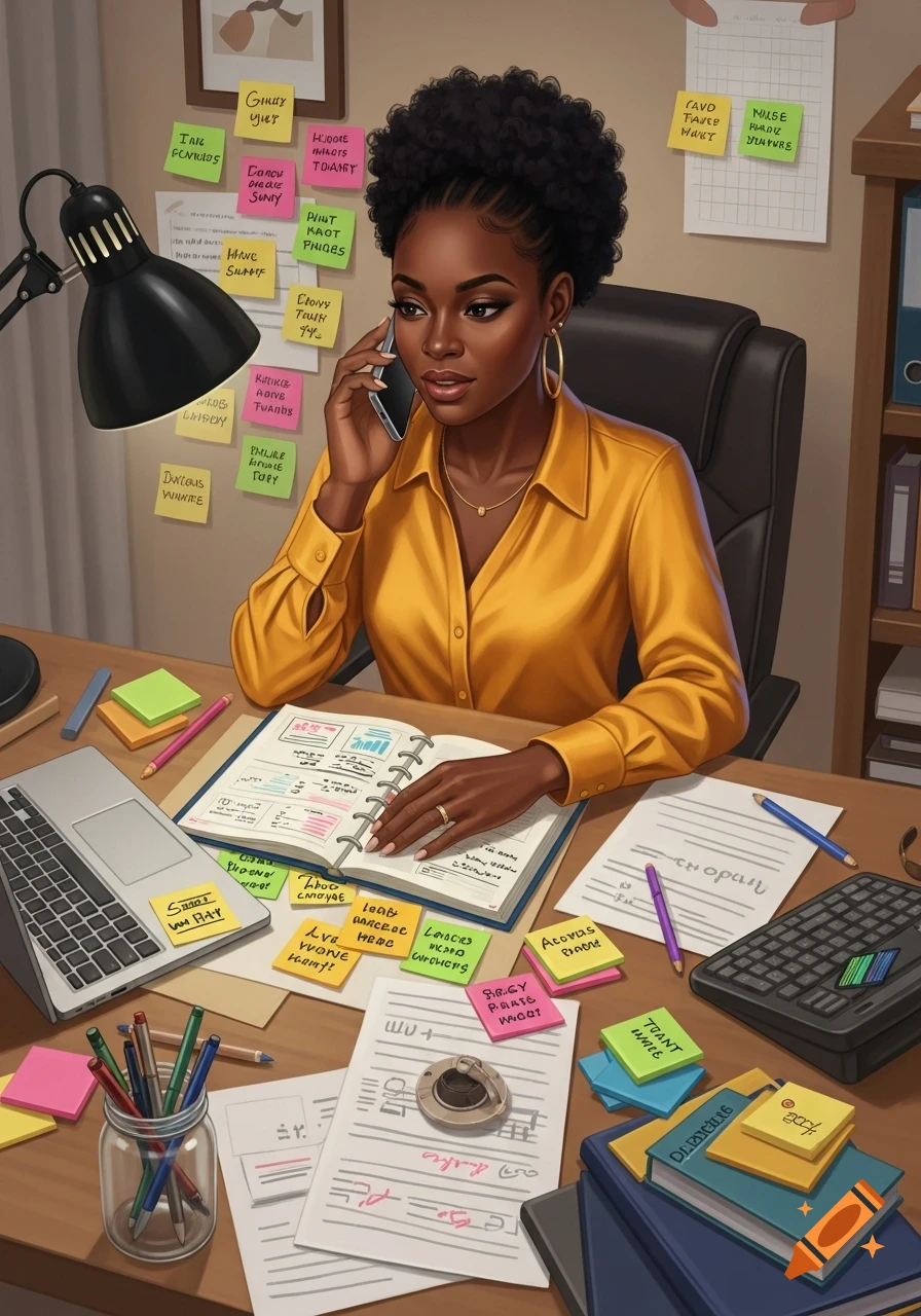 A black woman with curly hair sits at a messy desk, talking on a phone, surrounded by sticky notes, papers, a laptop, and pens, in a digital art style.
