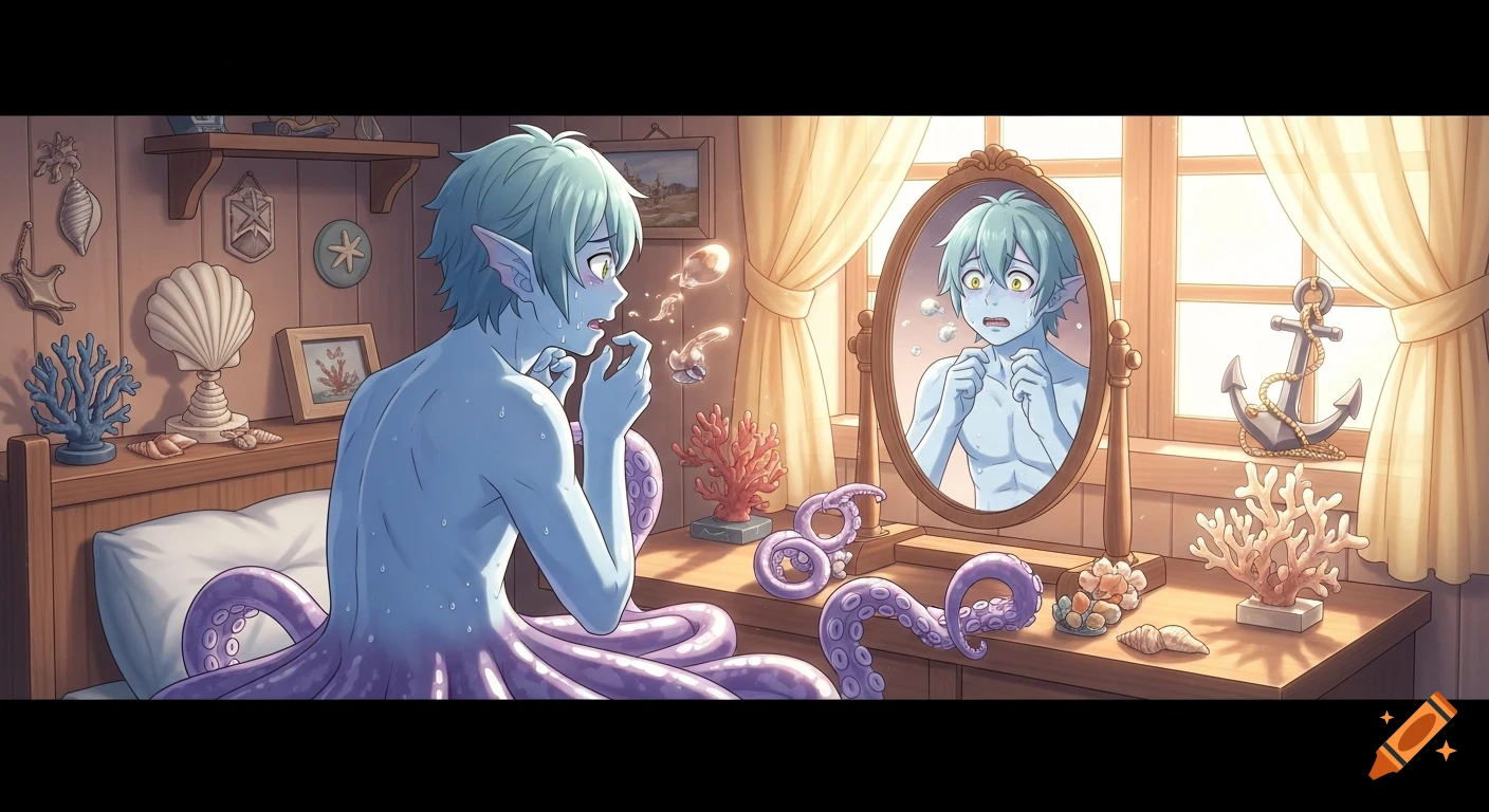 Anime male cecaelia with blue skin and octopus tentacles looks repulsed by his reflection in a mirror in a marine-themed bedroom.