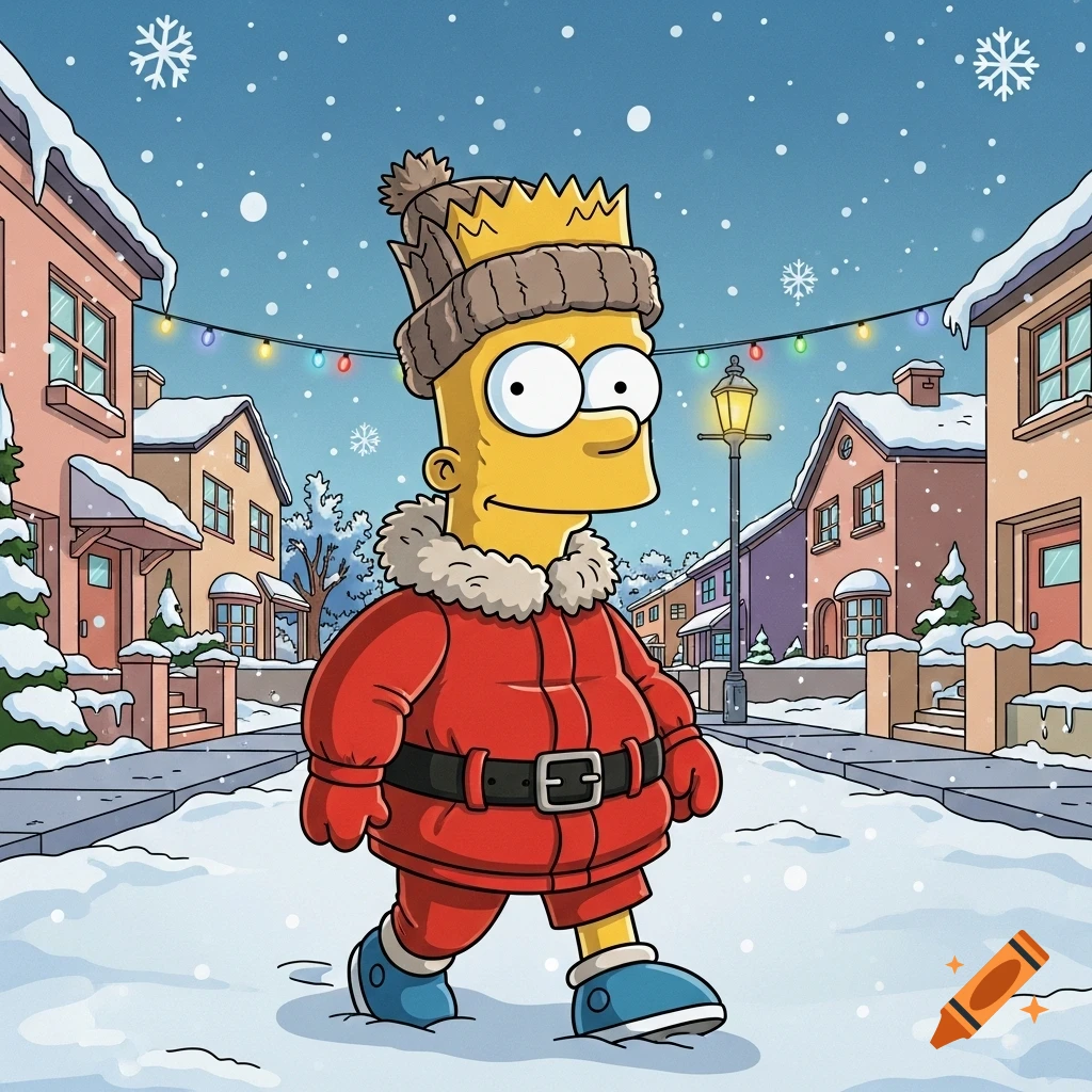 Bart Simpson in a red winter coat and knitted hat walks on a snowy street with houses and colorful lights, in cartoon style.