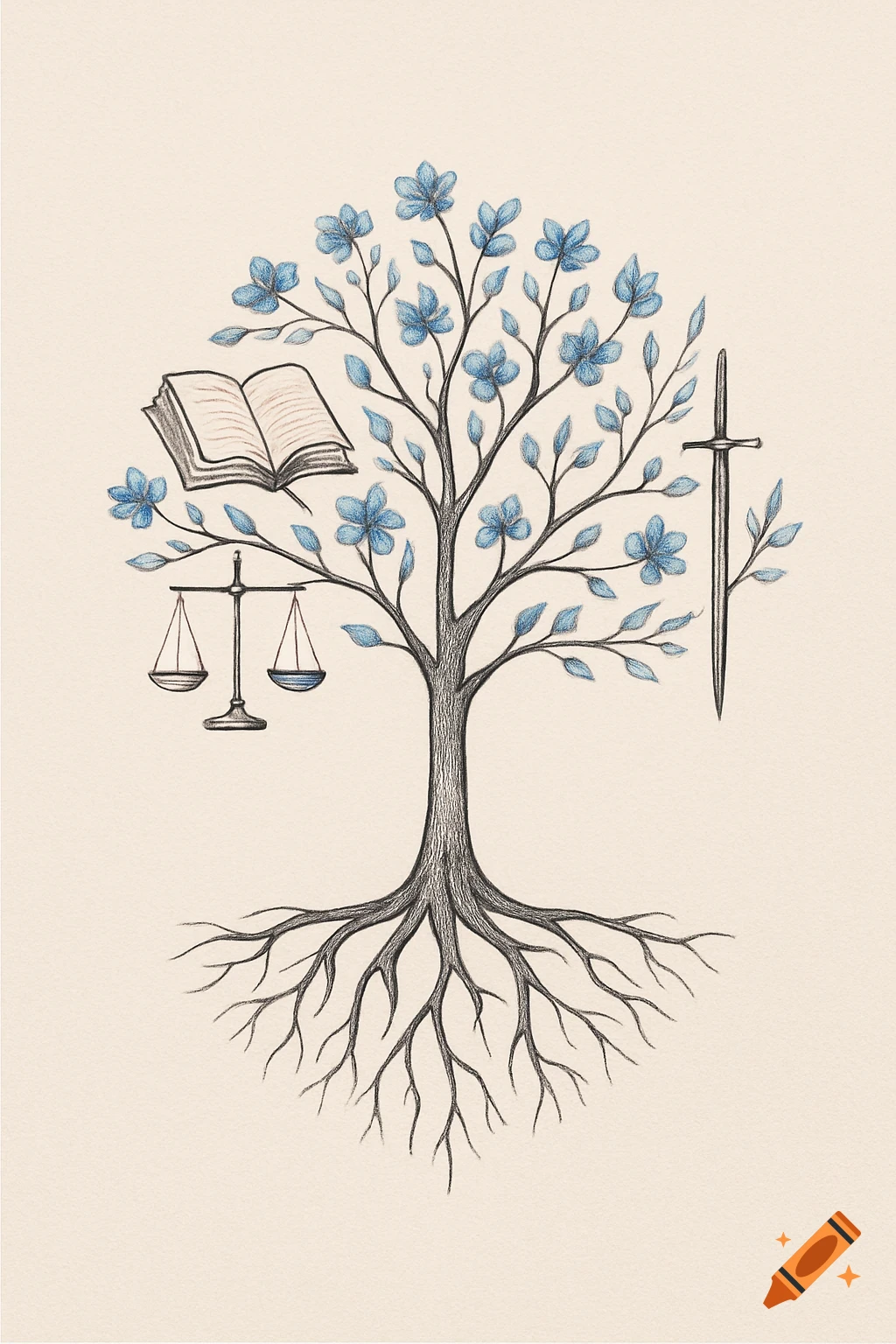 Minimalist pencil drawing of a stylized tree with blue flowers, an open book, balance scales, and a sword.