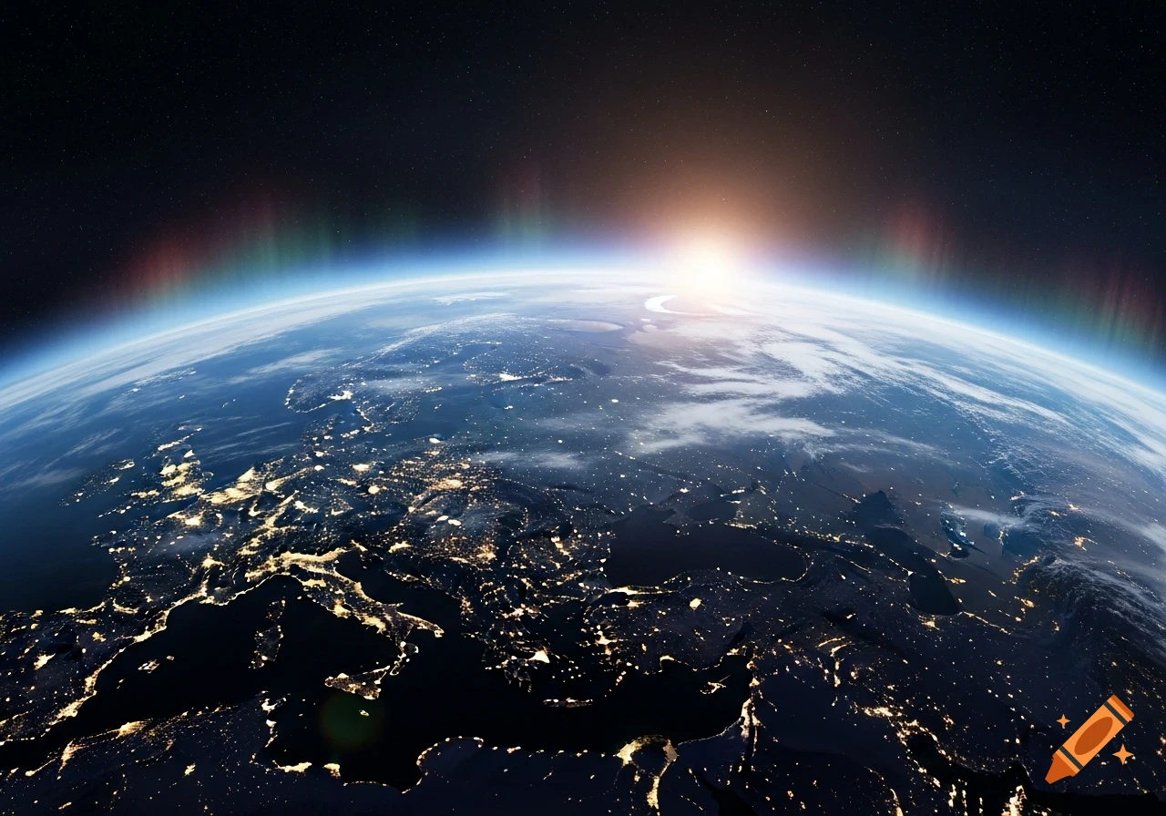 Photorealistic view of Earth from space at dawn, with city lights illuminating the continents and an aurora along the horizon.