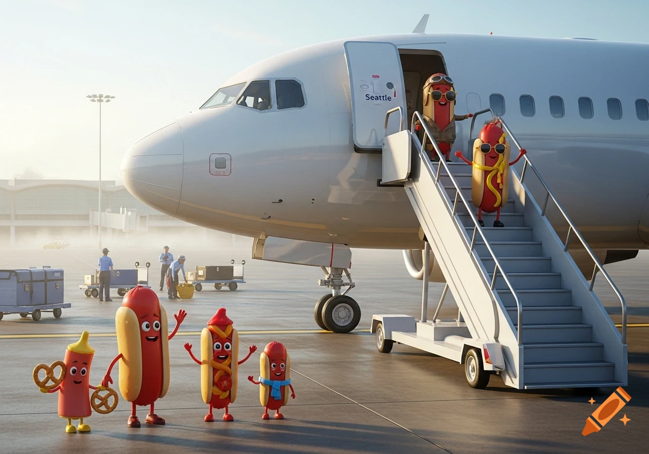 Photorealistic image of anthropomorphic hotdogs at an airport, with one boarding a plane to Seattle and a family waving.