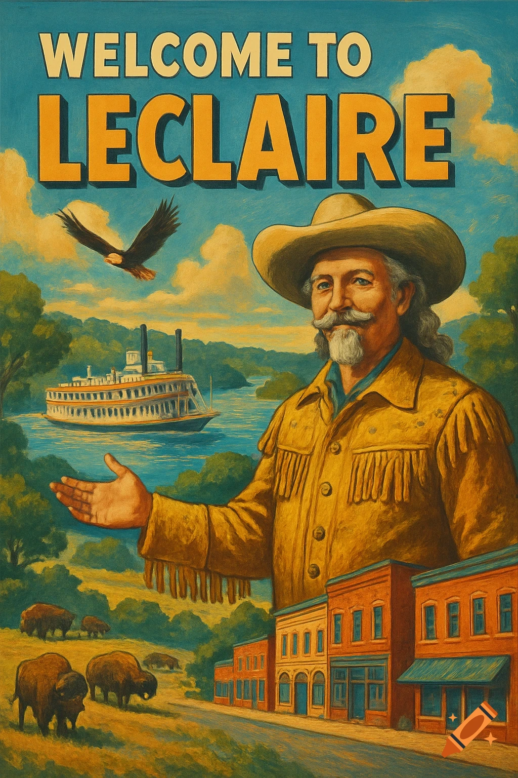 Retro travel poster of a frontiersman welcoming to LeClaire, featuring a paddlewheel riverboat, eagle, buffalo, and historic town.