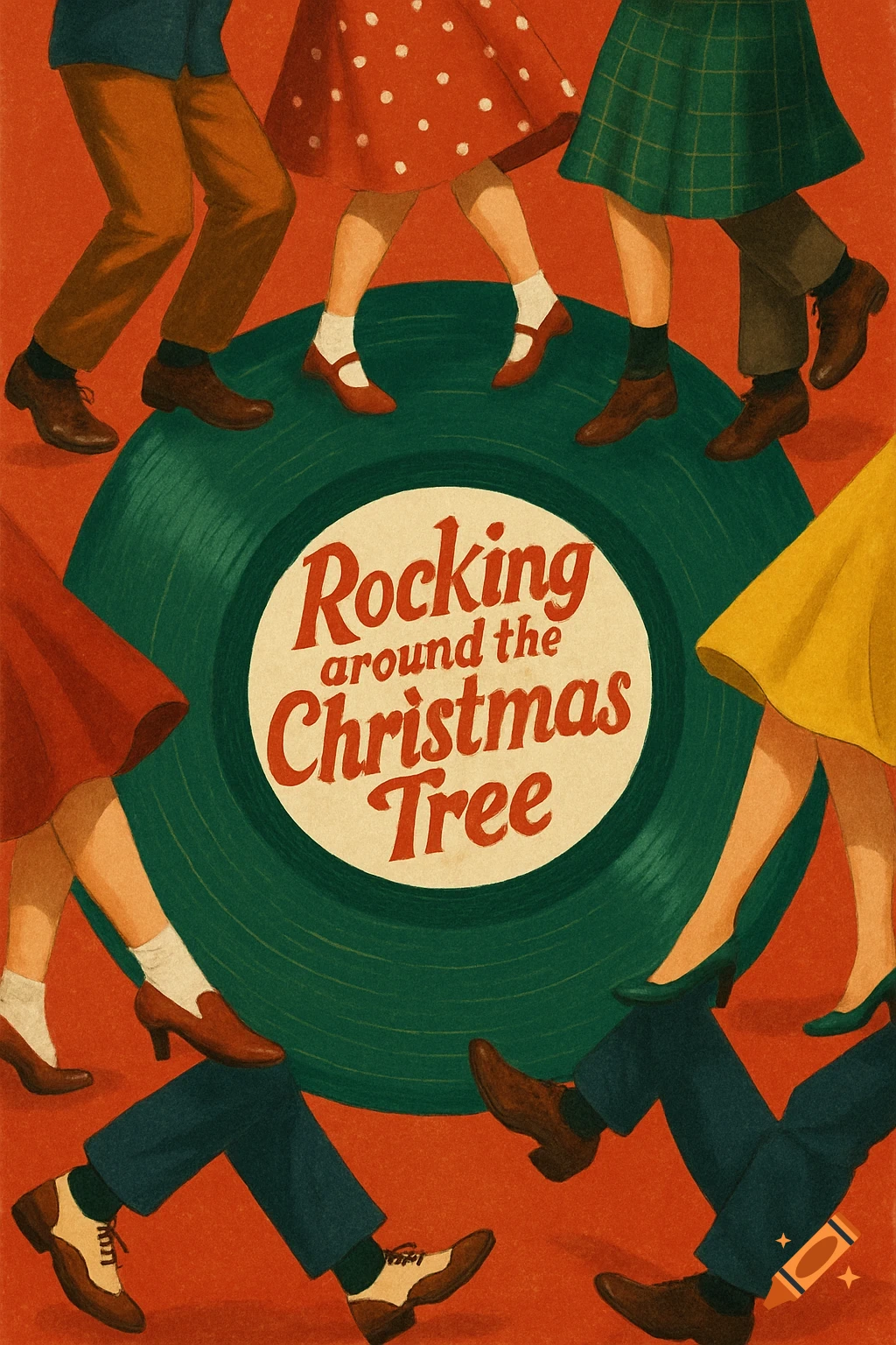 Retro illustration of people dancing around a green vinyl record with "Rocking around the Christmas Tree" on a red background.