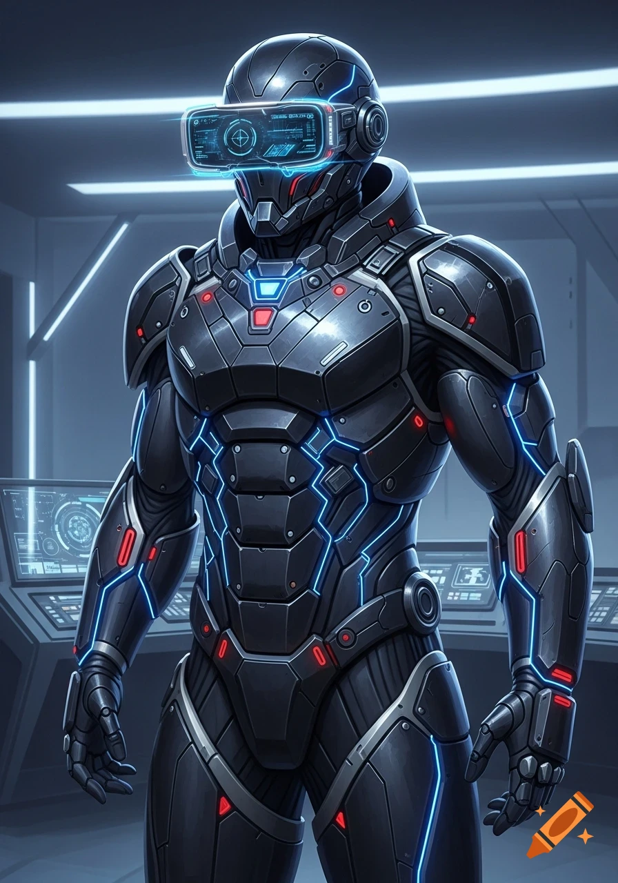 A detailed full-body shot of a futuristic armored suit with a glowing VR headset and red and blue accents in a tech lab.