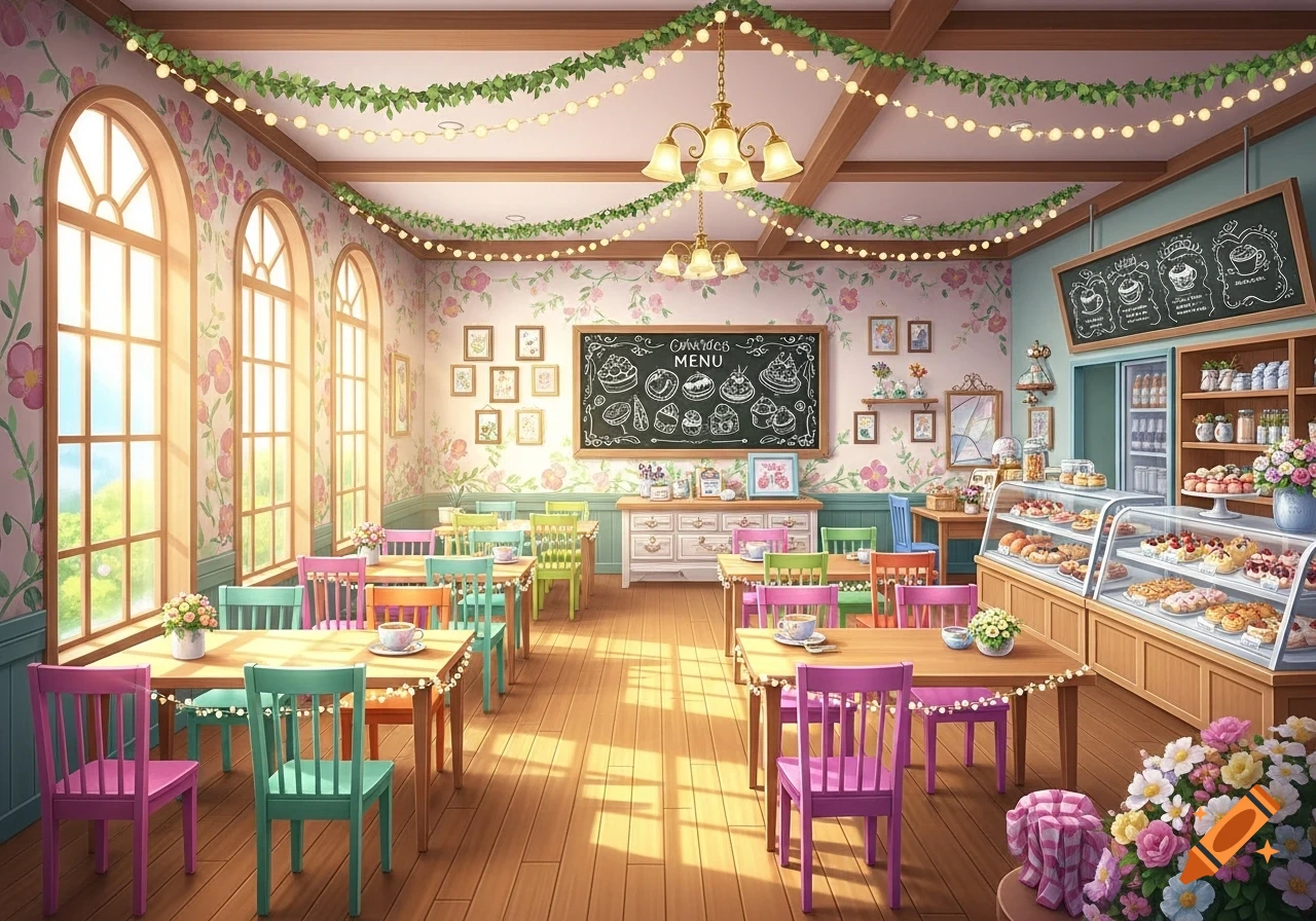 A brightly lit, pastel-colored anime-style cafeteria interior with floral wallpaper, arched windows, colorful chairs, and pastry display cases.