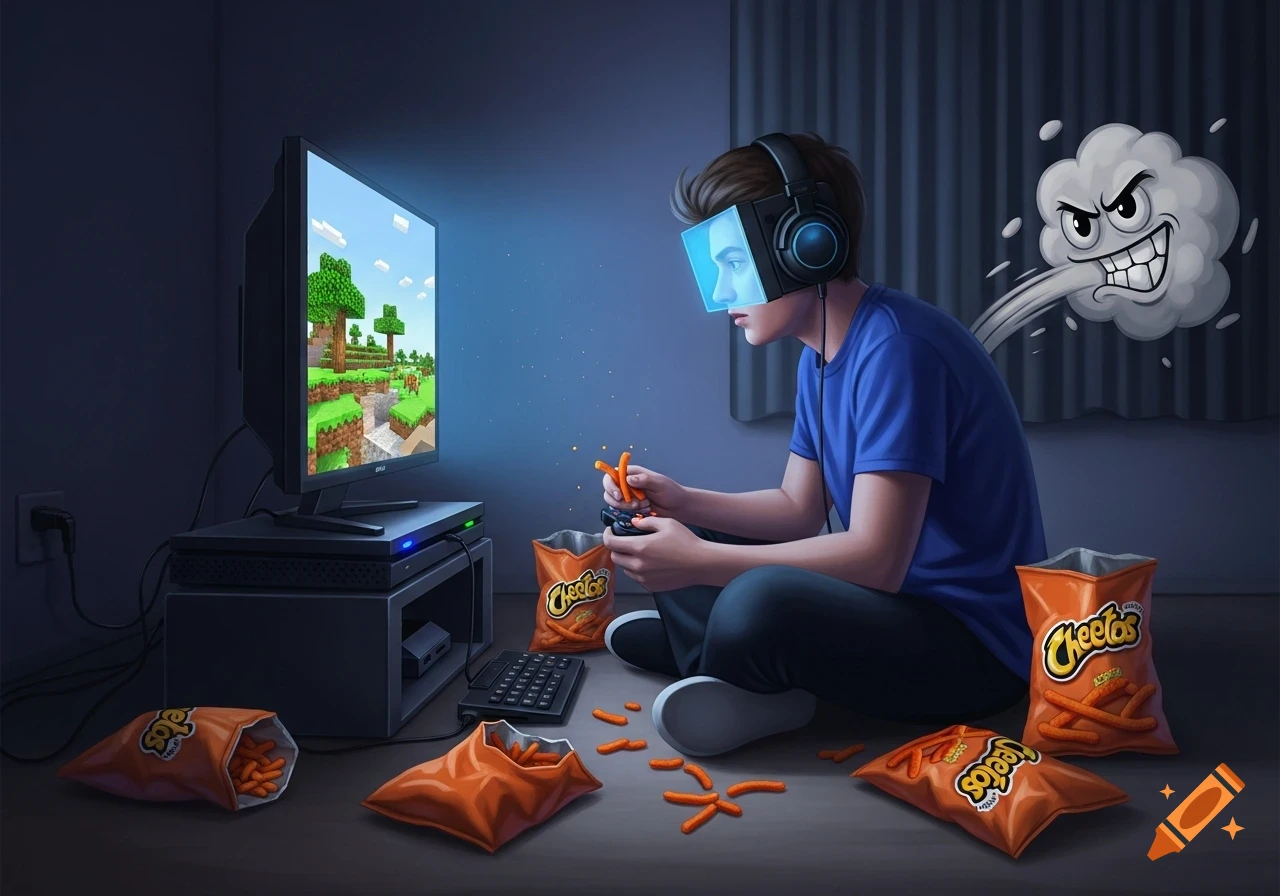 A young man playing Minecraft in a dark room, wearing headphones and a glowing visor, surrounded by Cheetos, with a cartoon fart cloud.