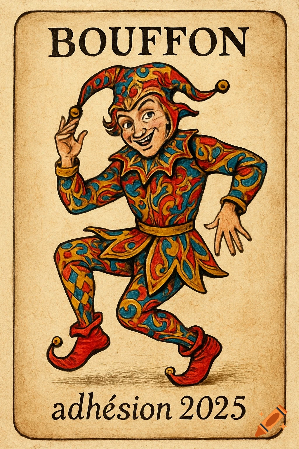 Traditional playing card illustration of a colorful jester in a patterned costume, with 'BOUFFON' and 'adhésion 2025' text.