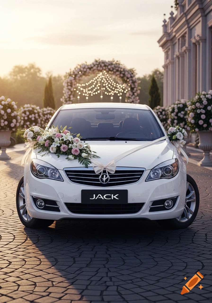 White wedding car decorated with pink and white flowers and ribbons on a cobblestone path, with a floral arch and string lights.