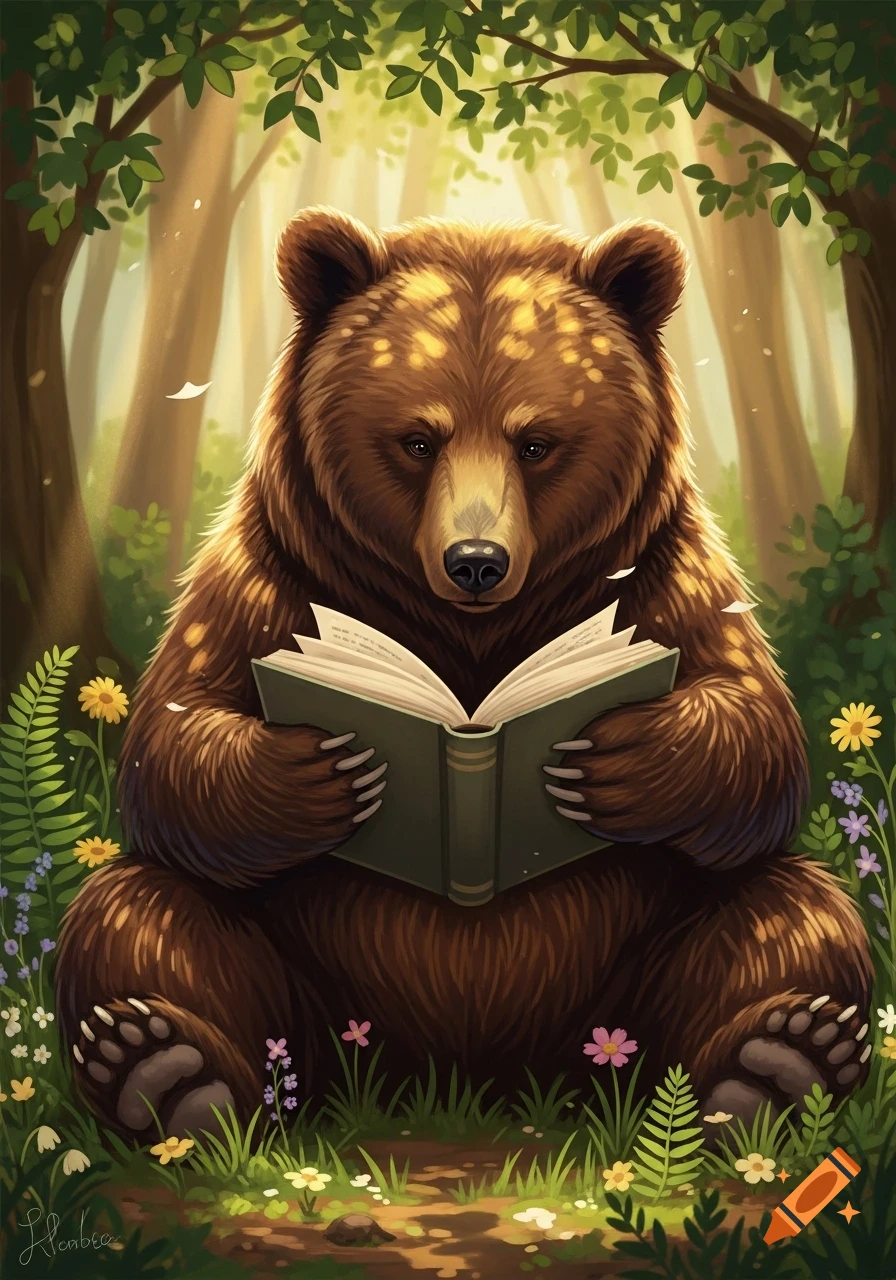 A brown, stylized bear sits cross-legged in a sunlit forest clearing, engrossed in reading an open book. Wildflowers surround it.