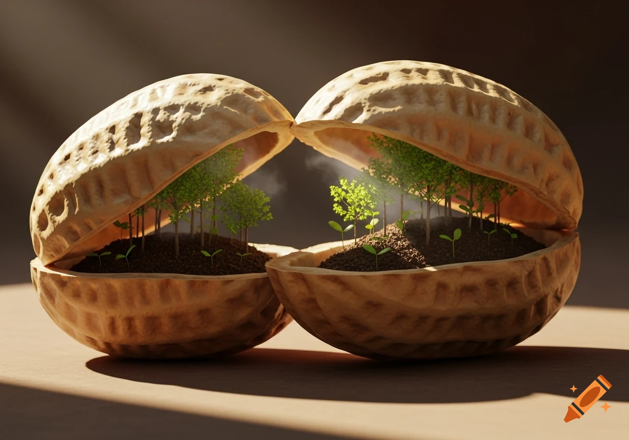 Two halves of a peanut shell, each holding miniature trees and sprouts growing in soil, illuminated by light rays.