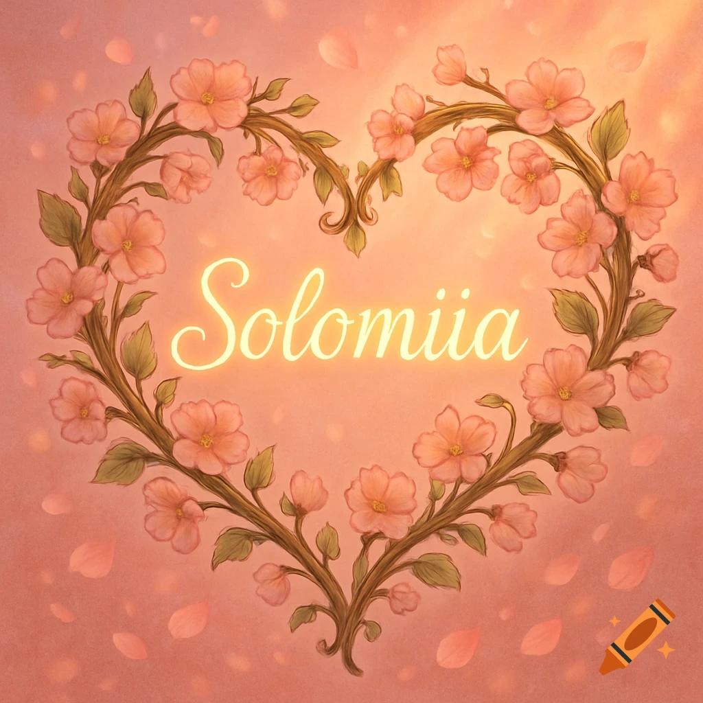 A heart-shaped vine of pink flowers and leaves, with the name 'Solomiia' glowing in the center on a soft pink background with falling petals.