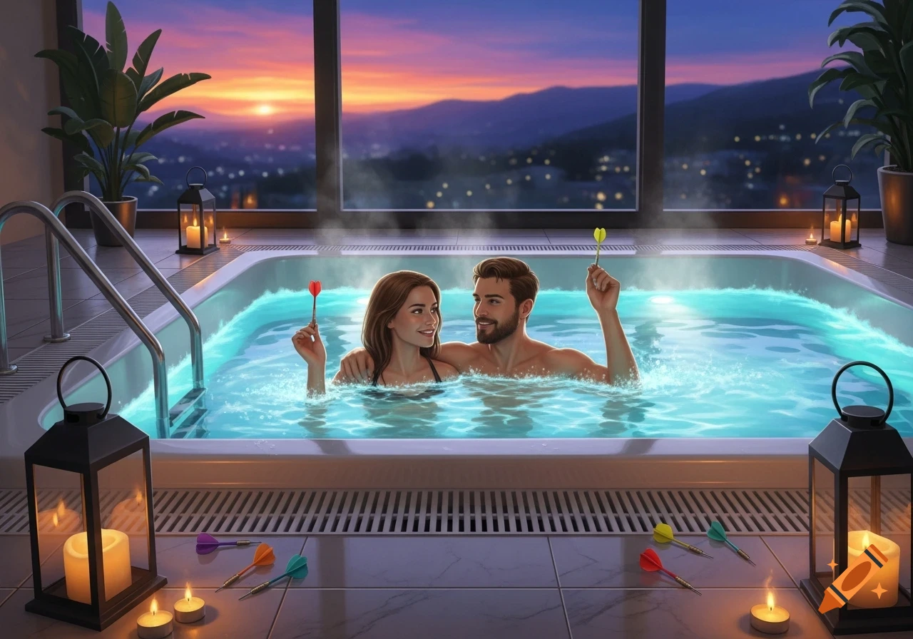 A smiling couple relaxes in a steaming hot tub, holding colorful darts, with a sunset city view through a large window.