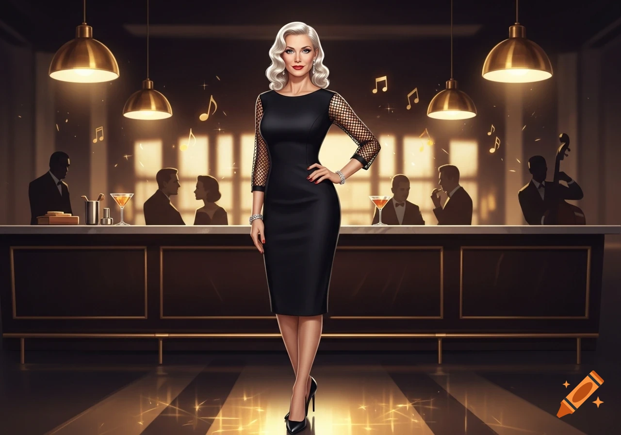 A stylish blonde woman in a black cocktail dress and heels stands in a glamorous, softly lit bar with musical notes.