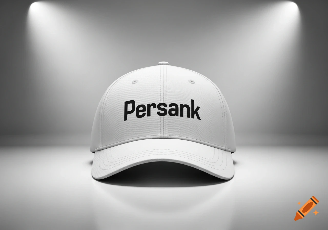 A white baseball cap with the word "Persank" printed in black on the front, illuminated by two spotlights from above in a studio setting.