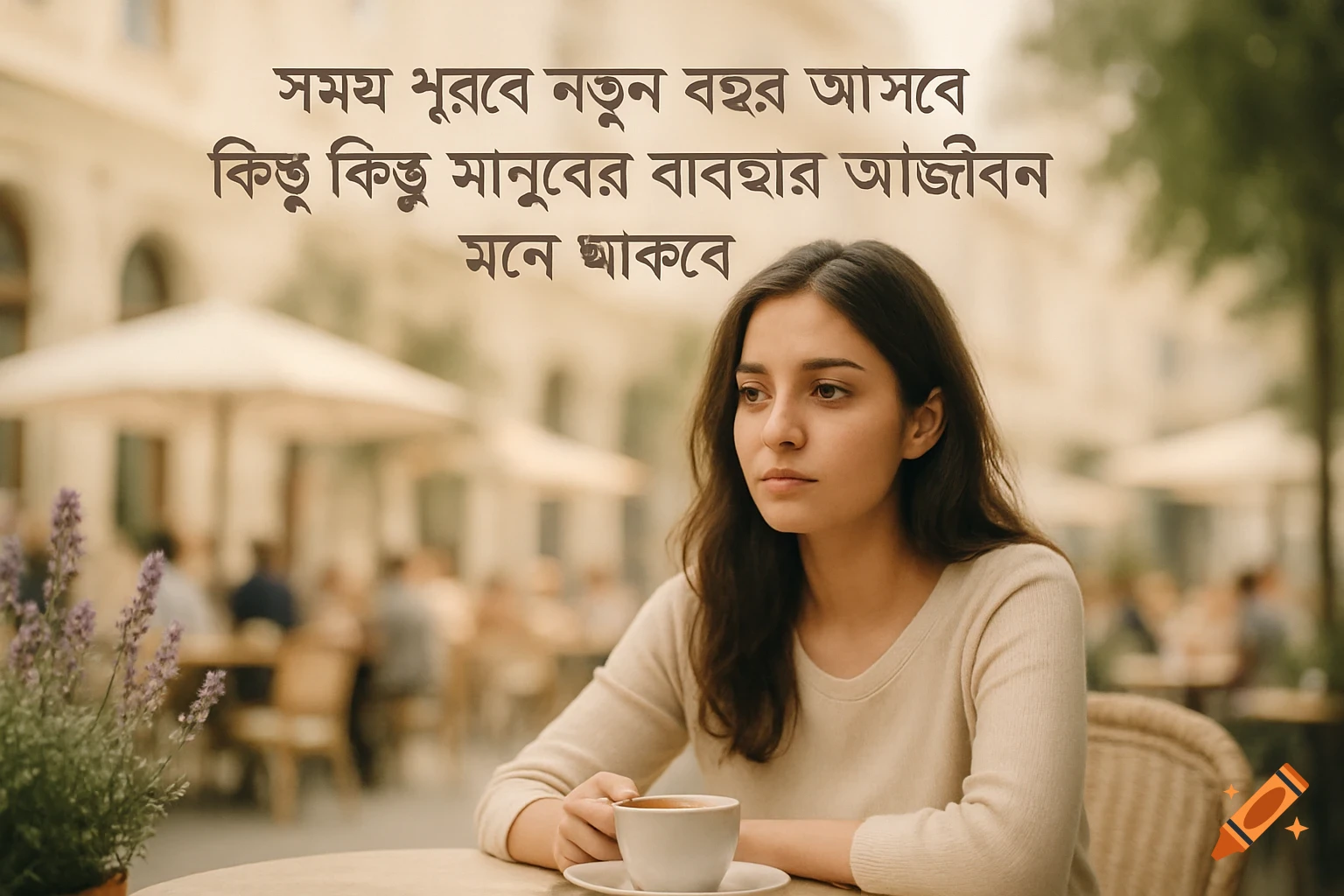 A pensive woman in a beige sweater sits at an outdoor cafe table with a coffee cup, Bengali text overlaid.