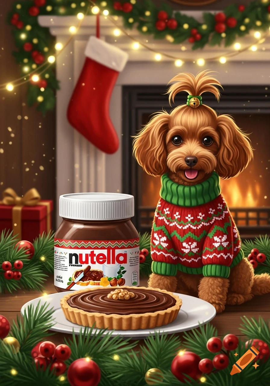 An illustrated toy poodle in a Christmas sweater with a bell ponytail sits next to a Nutella jar and a chocolate tart in a festive Christmas scene.
