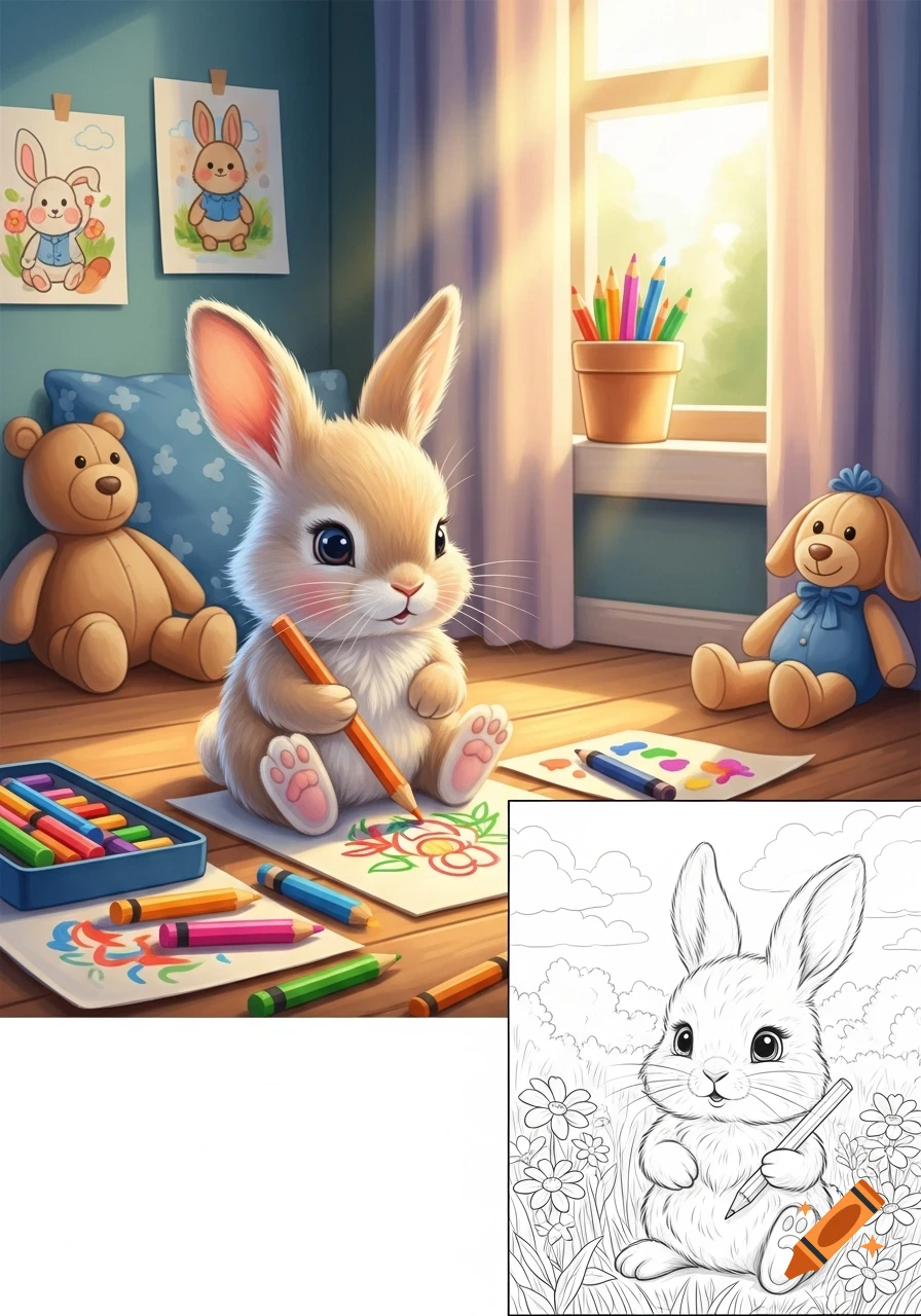 A cute baby bunny draws in a colorful room, with a black and white coloring page of a bunny and flowers.