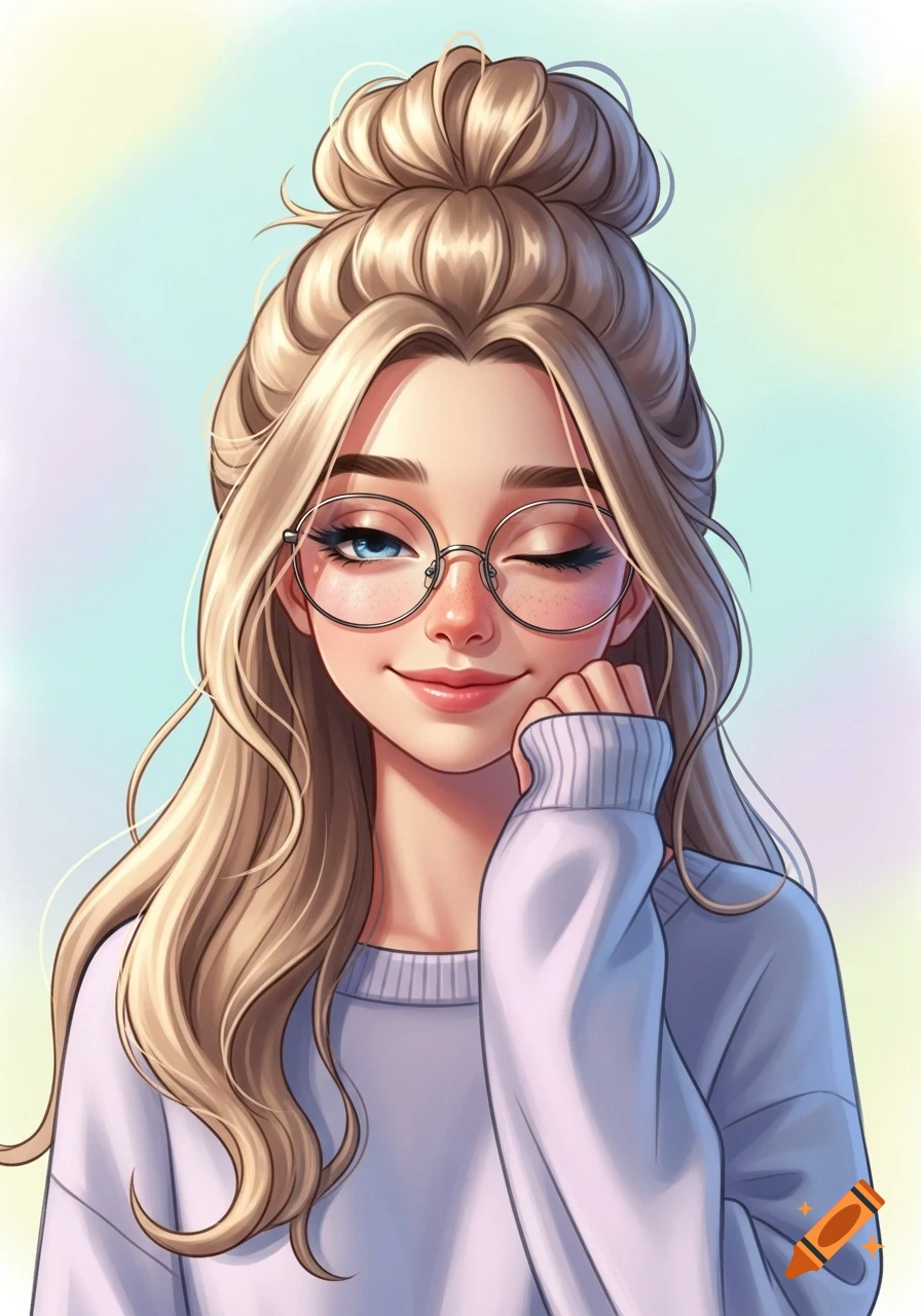 Animated portrait of a blonde girl with a messy bun, wearing glasses, winking and smiling sleepily, in a cute style.
