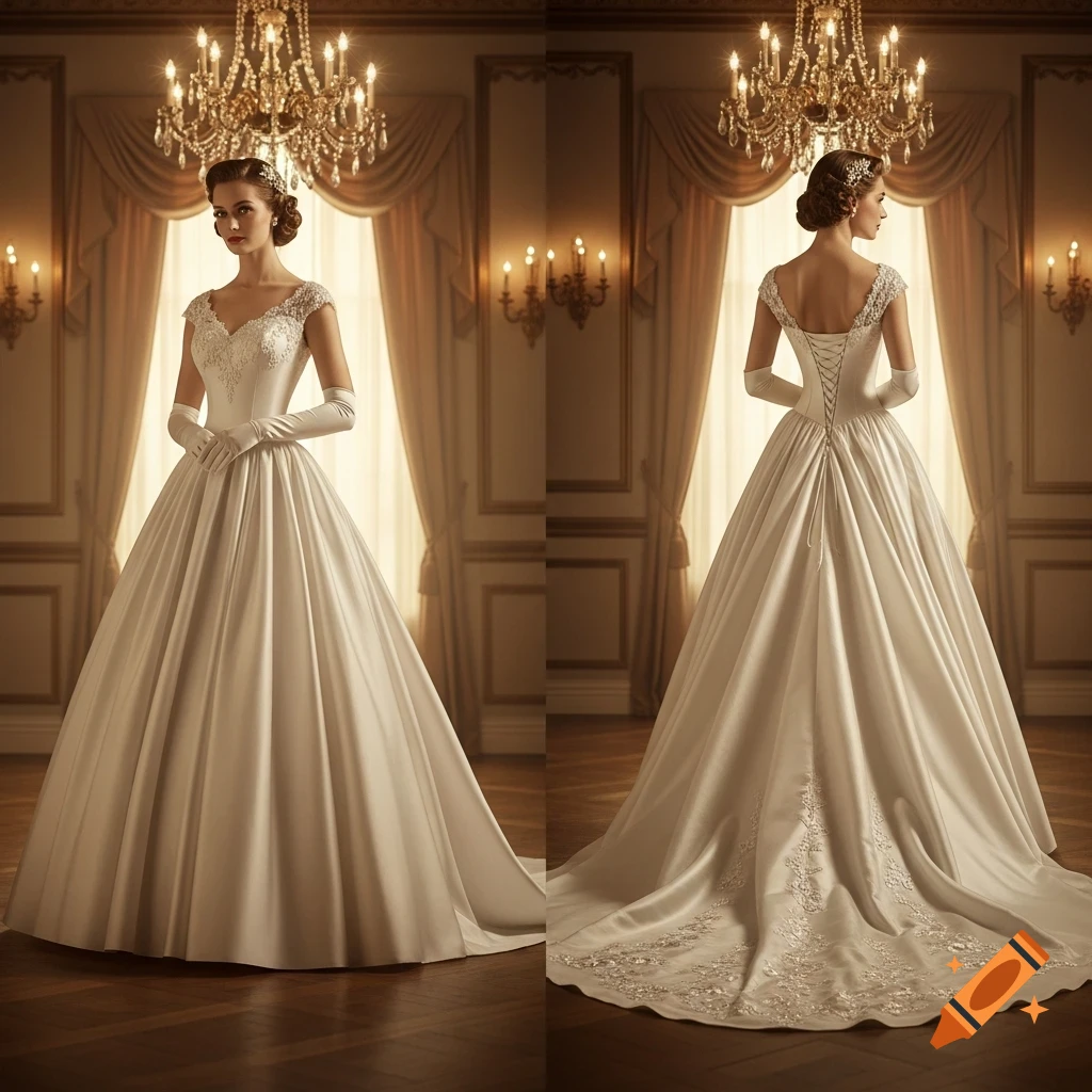 Photorealistic image of a woman in an atomic era wedding dress, front and back view, in an opulent room with chandeliers.