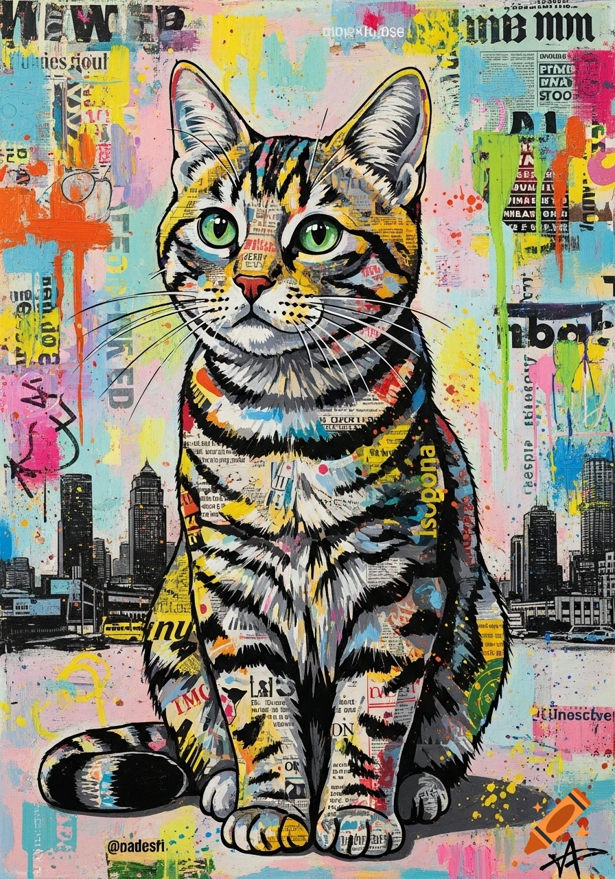 Colorful pop art style painting of a striped cat with bright green eyes, composed of newspaper text collage and paint splatters, set against a cityscape.