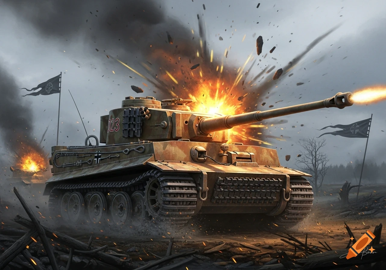 A detailed digital painting of a Tiger tank firing its cannon amidst explosions and debris on a battlefield under a cloudy sky.