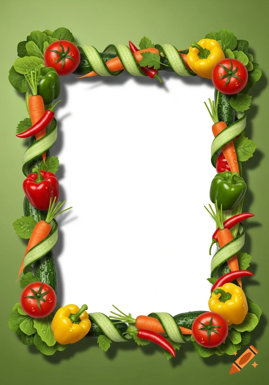 A vibrant frame made of fresh vegetables including cucumbers, carrots, bell peppers, and tomatoes, set against a green background with a white center.