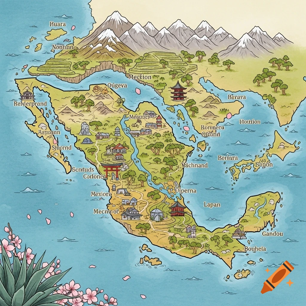 An illustrated fantasy map of a continent combining the shapes of Mexico and Japan, featuring settlements, mountains, rivers.