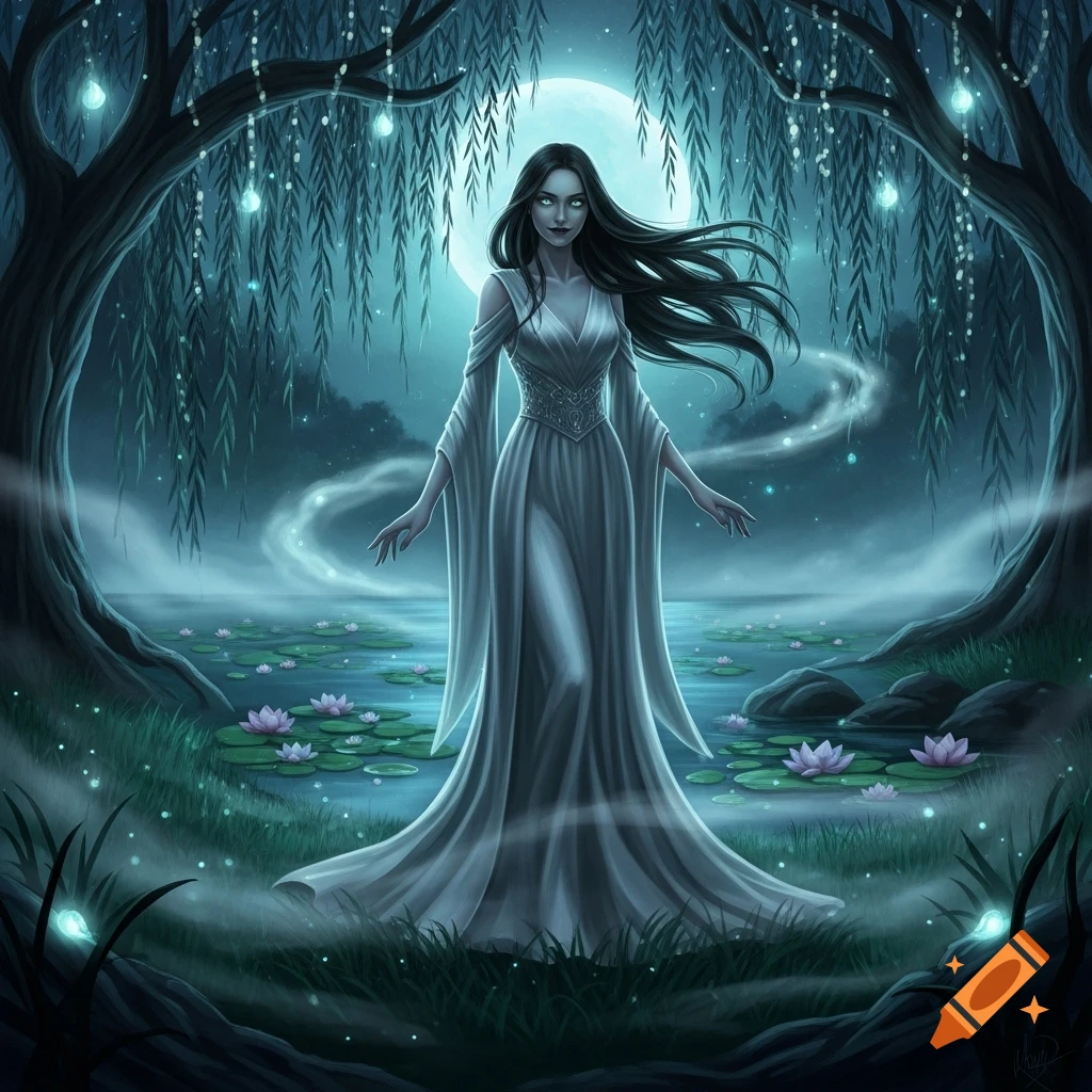 A dark-haired woman in a flowing white dress stands in a moonlit swamp with willow trees and lily pads.