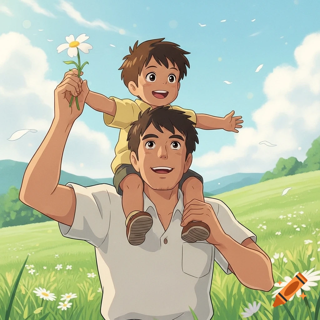 Studio Ghibli-style illustration of a smiling father carrying his joyful son on his shoulders in a grassy field with daisies.