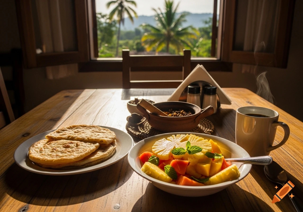 A tropical breakfast on a wooden table, featuring flatbreads, fruit salad with pineapple and papaya, and a steaming coffee mug, with palm trees outside a window.