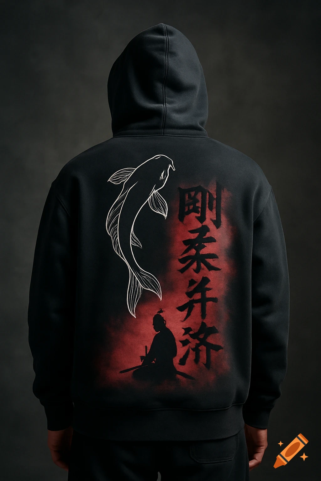 Back of a black hoodie with a white koi fish, a samurai silhouette, red fog, and vertical Chinese characters '刚柔并济' in a studio shot.