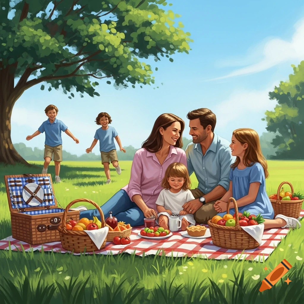 An illustrated family of five enjoying a picnic in a sunny park under a large tree.
