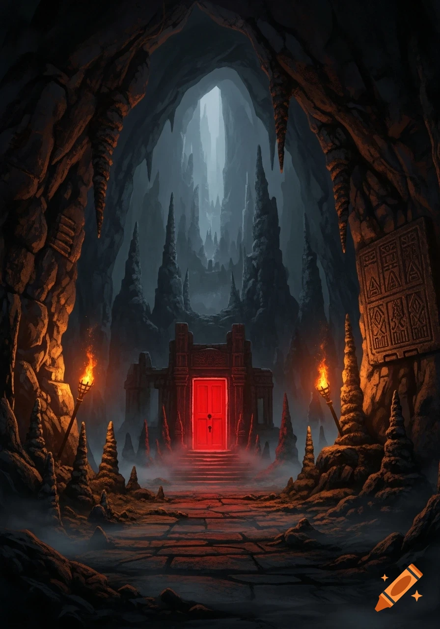 A dark cave with jagged rocks and torches, leading to an ominous red door. Ancient carvings on a wall.