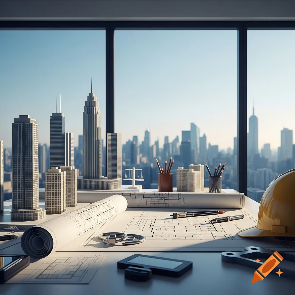 An architectural desk with blueprints, building models, a hard hat, and tools, overlooking a modern city skyline.