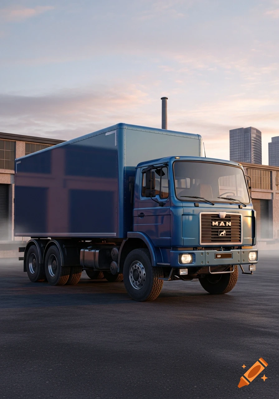 A blue MAN F90 box truck parked in an industrial area at dawn with a pastel sky.