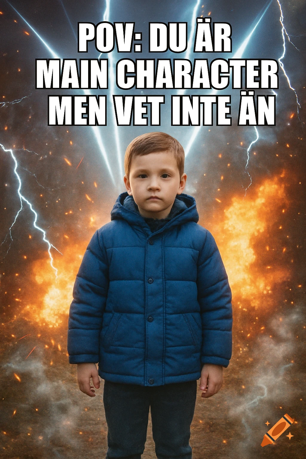A serious child in a blue jacket stands against a dramatic background of lightning and explosions, with meme text 'POV: DU ÄR MAIN CHARACTER MEN VET INTE ÄN'.