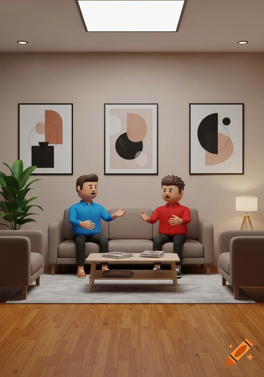 Two 3D cartoon men in blue and red shirts sit on a sofa in a modern living room with abstract art, conversing.