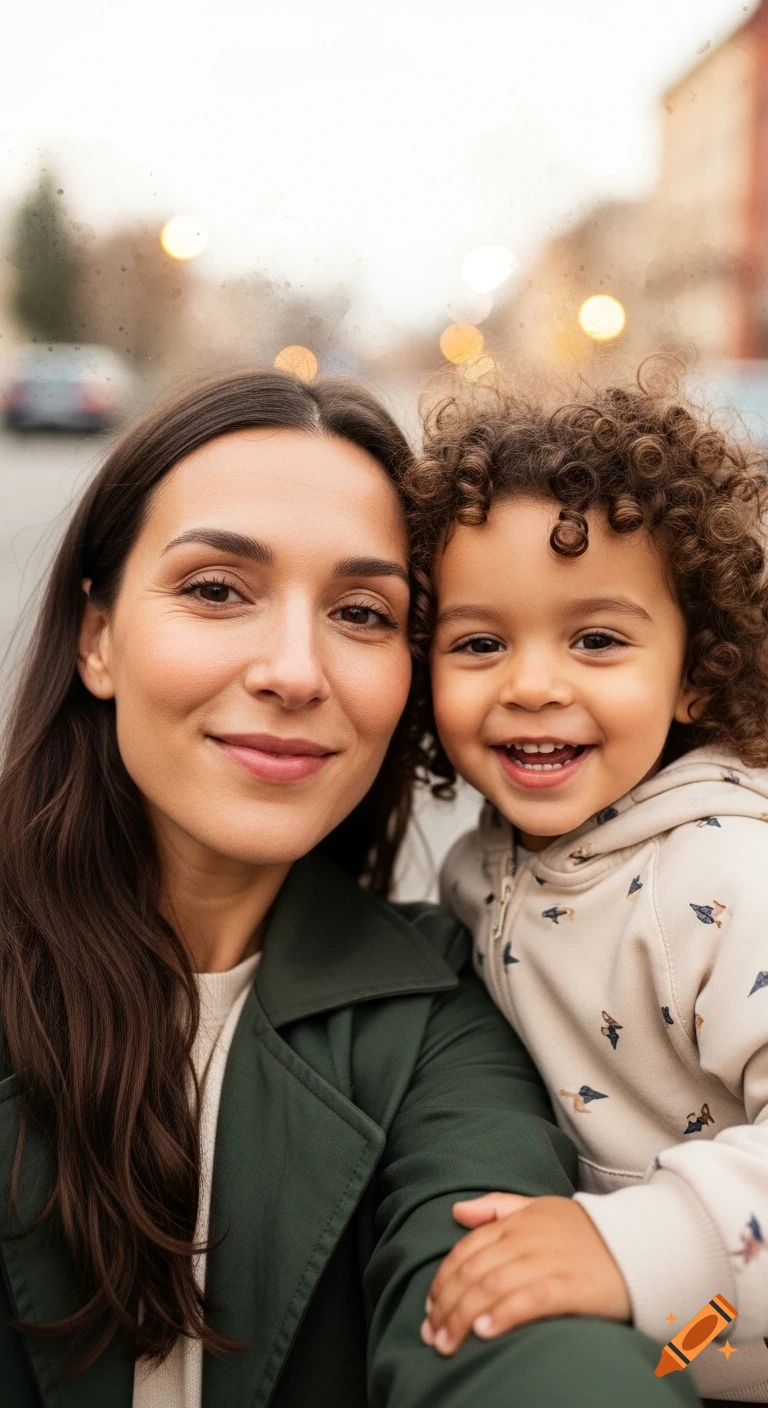 A smiling woman and a laughing toddler with curly hair take a selfie outdoors, looking directly at the camera.