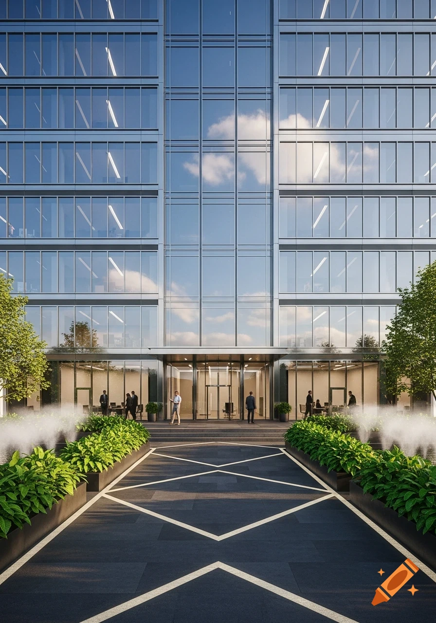 A photorealistic exterior shot of a modern glass office building with a grand entrance, surrounded by lush green plants and a patterned walkway.