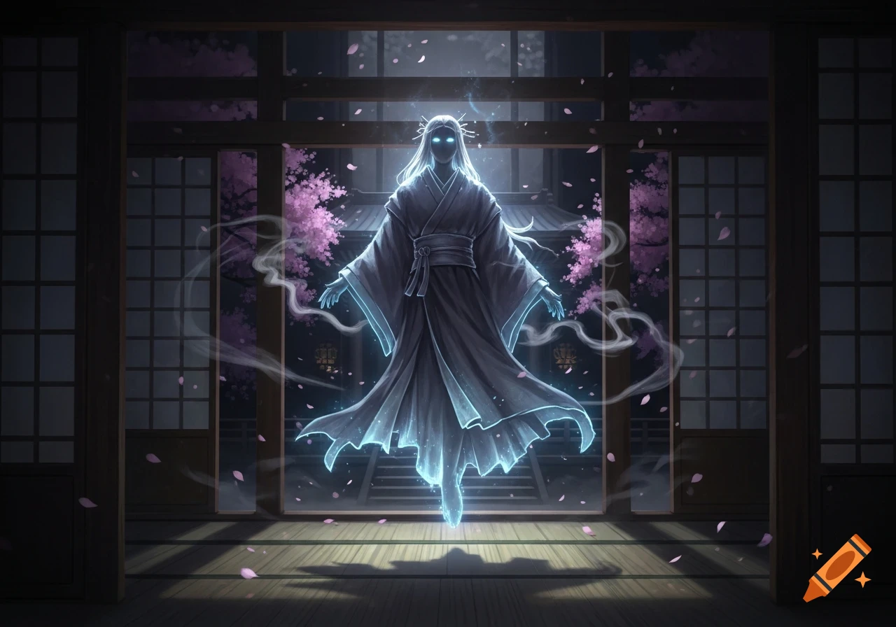 A glowing ghost-like figure with white eyes and hair, wearing a dark kimono, floats in a traditional Japanese room with cherry blossoms outside.