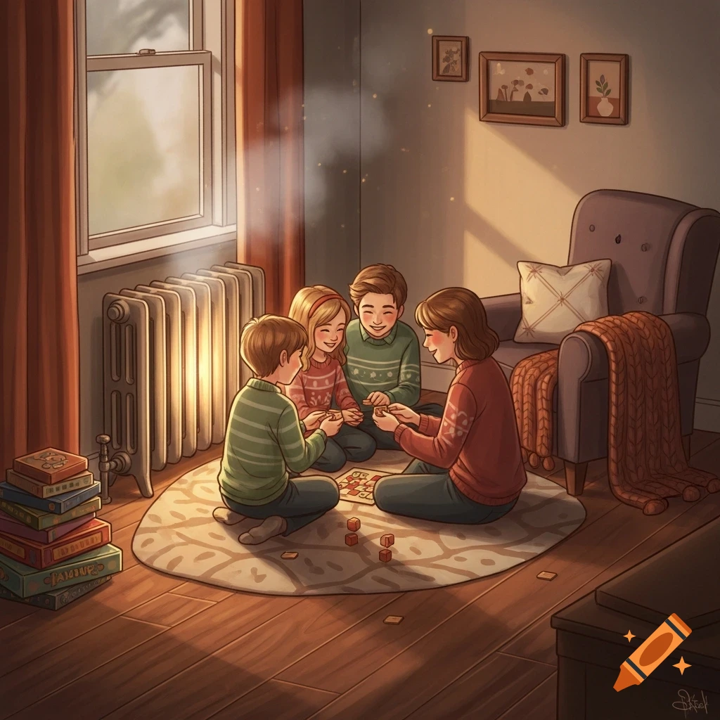 A cartoon illustration of a family playing a board game on a rug in a cozy room with warm lighting.