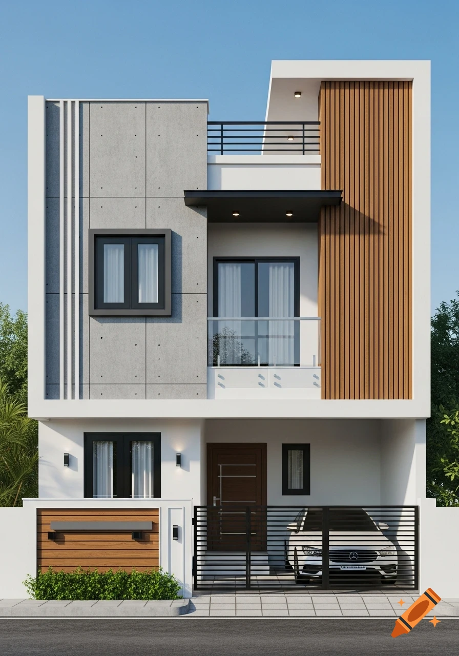 Photorealistic render of a modern Indian narrow house with grey, white, and wood paneling, black windows, glass balcony, and car.